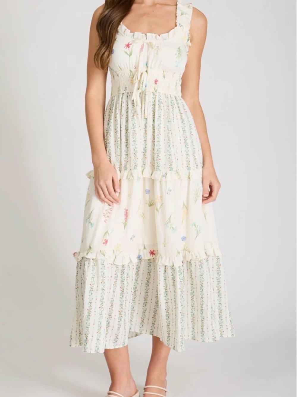 Blu Pepper Cream Floral Ruffle Tiered Maxi Dress